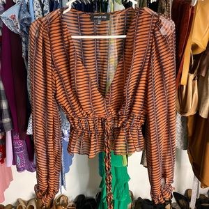 Patterned Sheer Long Sleeve Cropped Wrap Blouse | Size : S